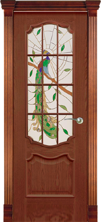 Дверь межкомнатная Varadoor Анкона Красное дерево витраж Павлин с решеткой
